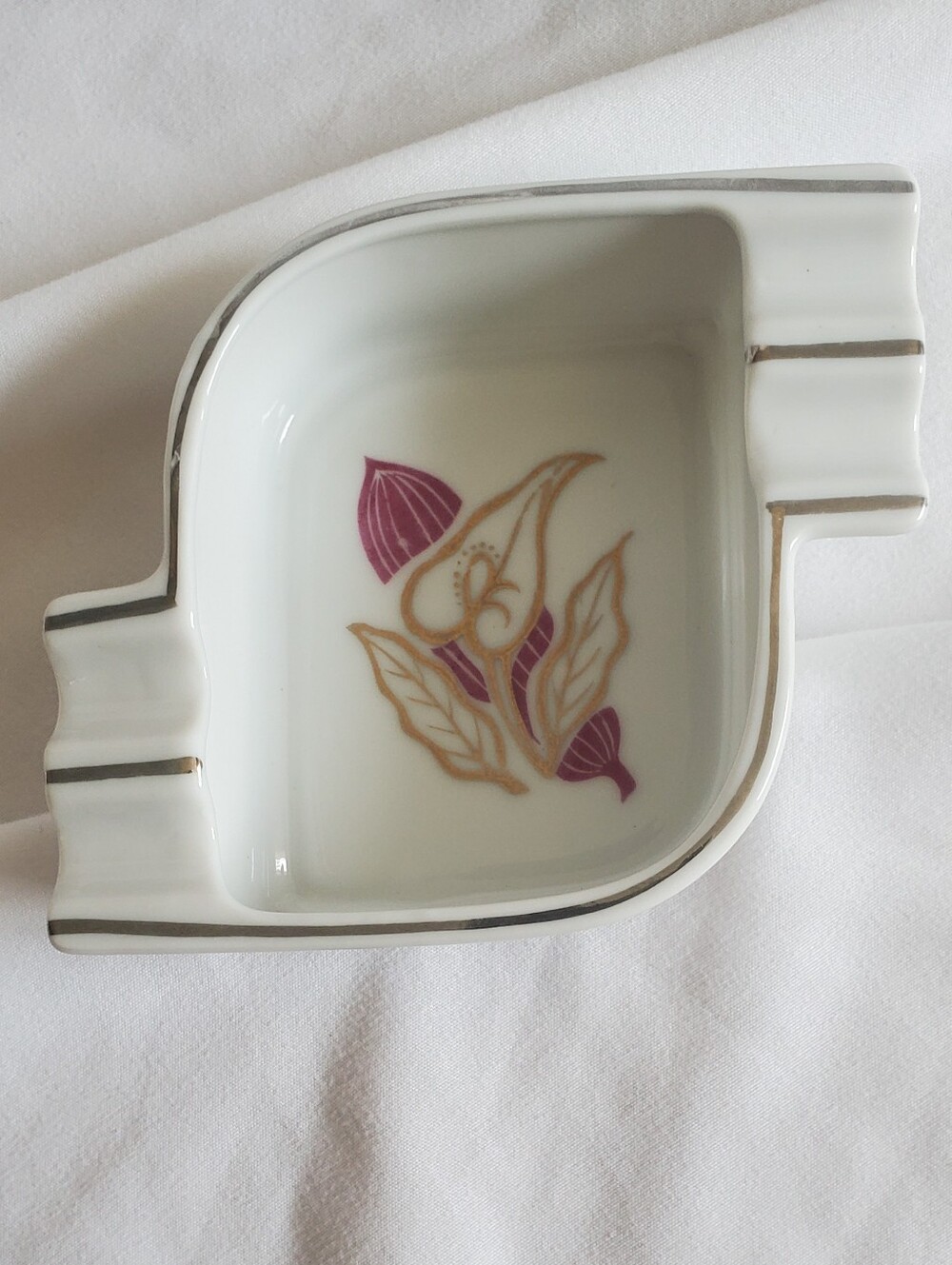 Ucagco China Vintage White Porcelain Ashtray with Gold and Plum Floral Accent